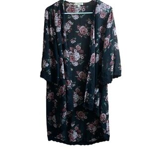 G Collection Black Pink Floral Sheer 3/4 Sleeve Crochet Lace Trim Kimono Size M